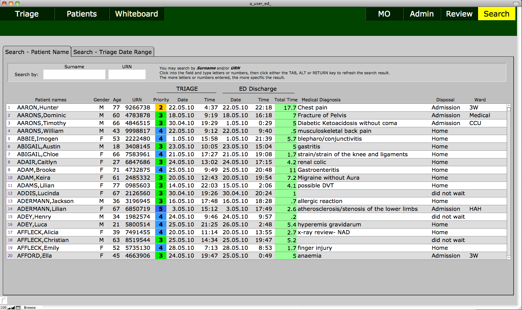 emergency department patient management system search patient name database layout