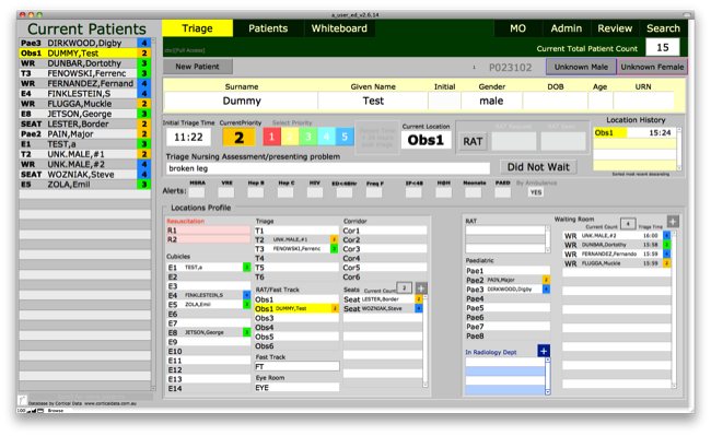 Emergency Department Patient management System Triage database screen