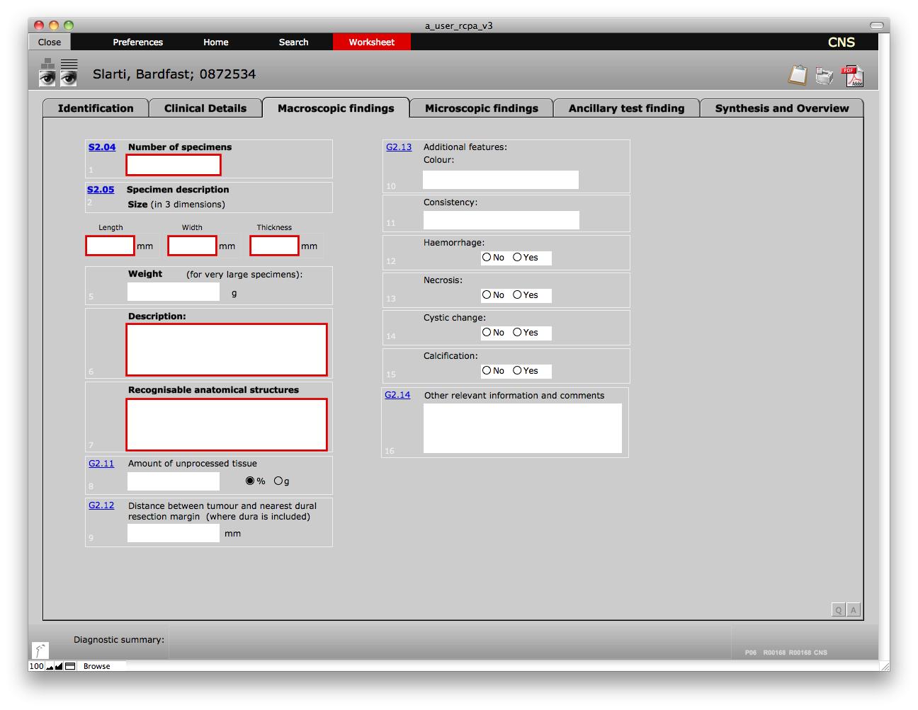 CNS Pathology Reporting Protocol worksheet macroscopic data