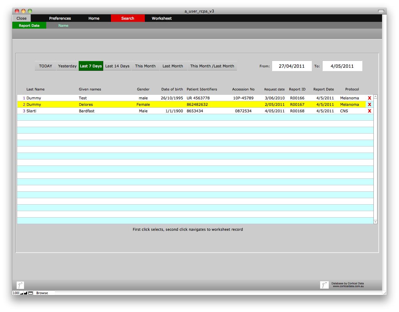 Structured Pathology reporting database search by pathology report date